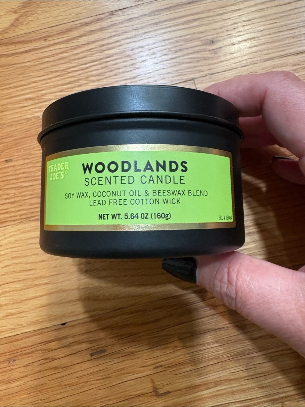 Trader Joe's Woodlands Scented Candle — Black Tin with Green Label